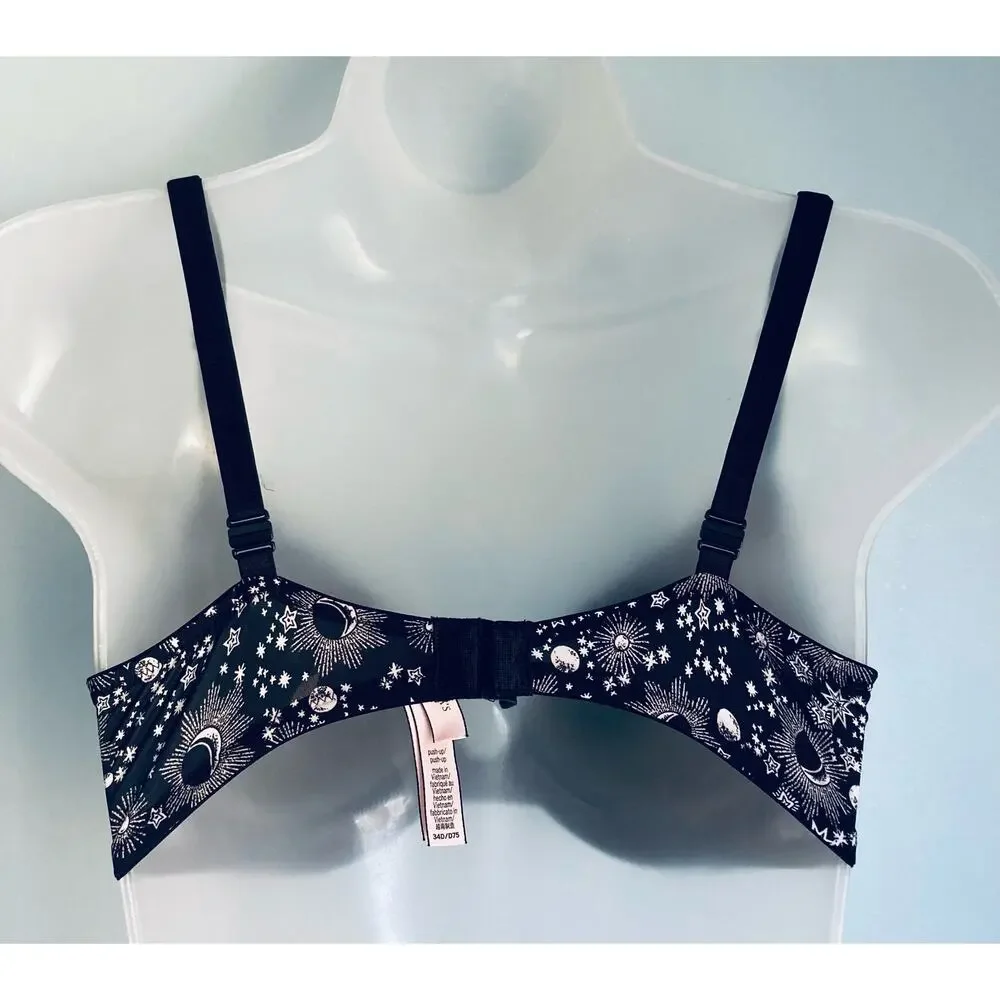 Victoria's Secret Push Up Bra 34D Black and White NWOT Moon Stars